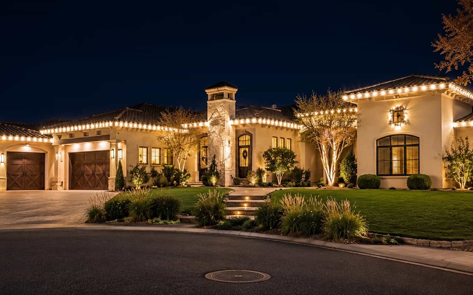 Albuquerque home with permanent outdoor lighting installed along the roofline at night
