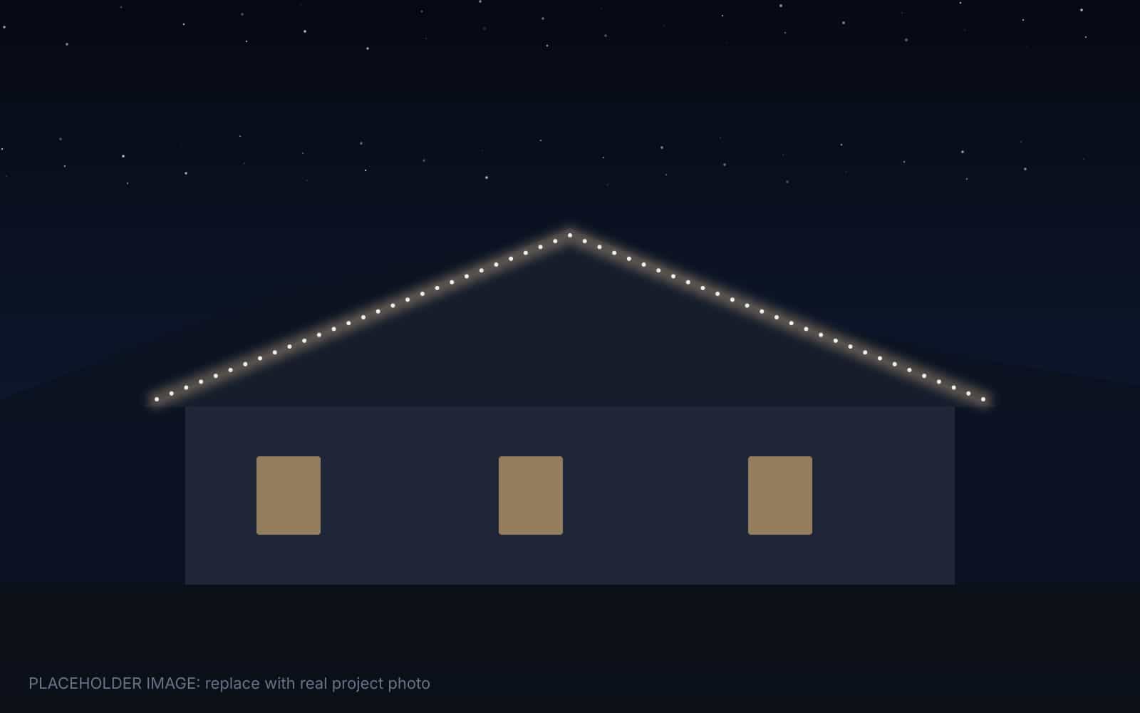 Two-story stucco home in Albuquerque with permanent warm-white LED roofline lighting along the eaves at dusk