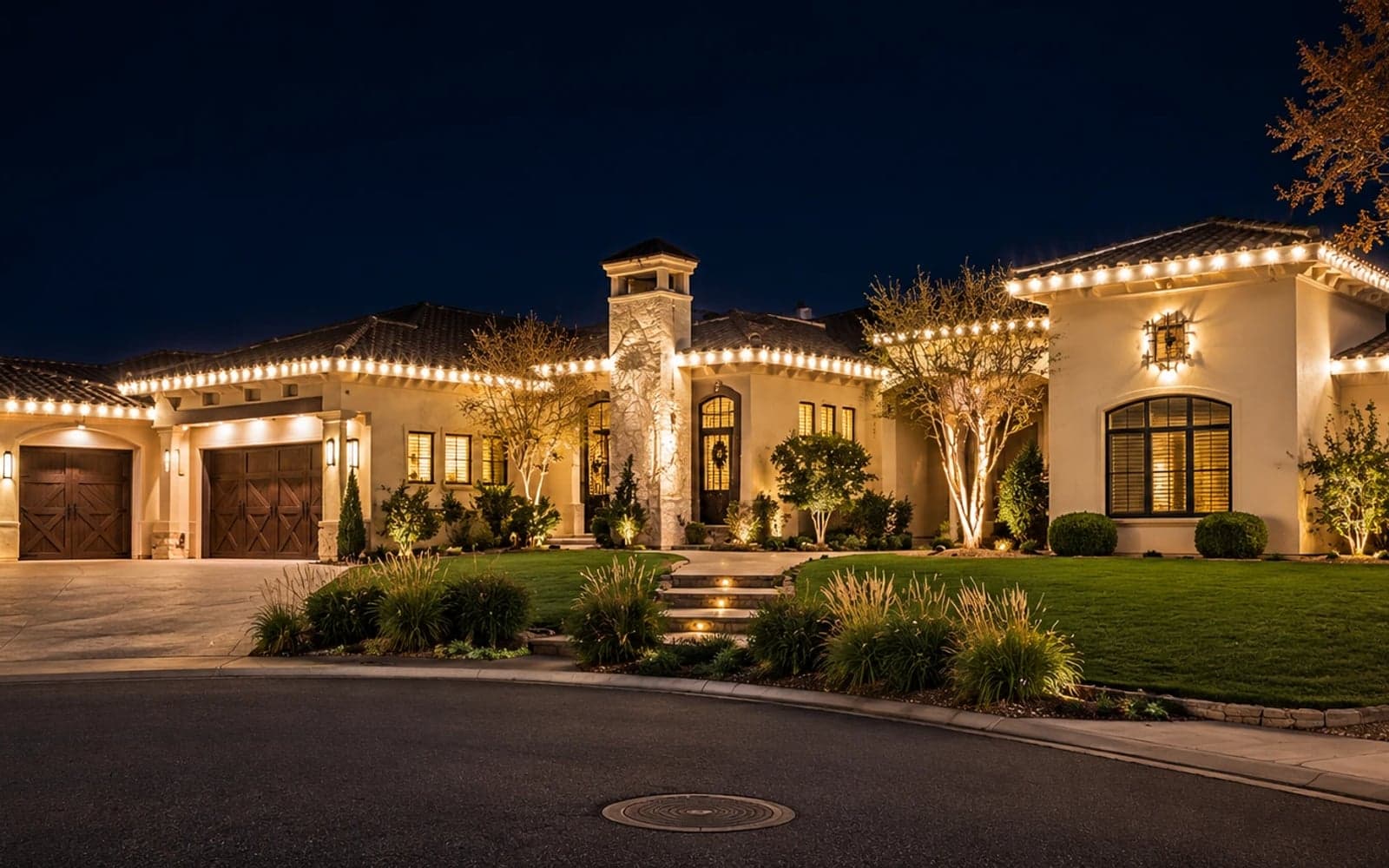 Albuquerque home at night with permanent outdoor lighting along the roofline and warm white accents