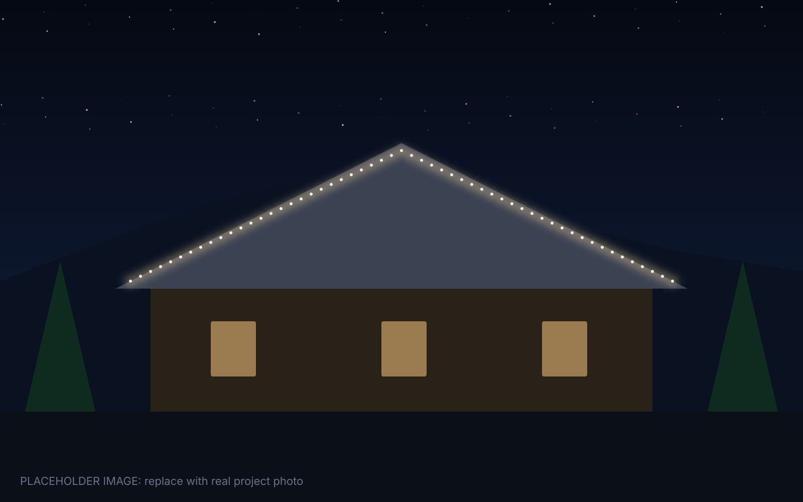 Pitched metal roof home in Cedar Crest in the East Mountains with permanent warm white roofline lighting