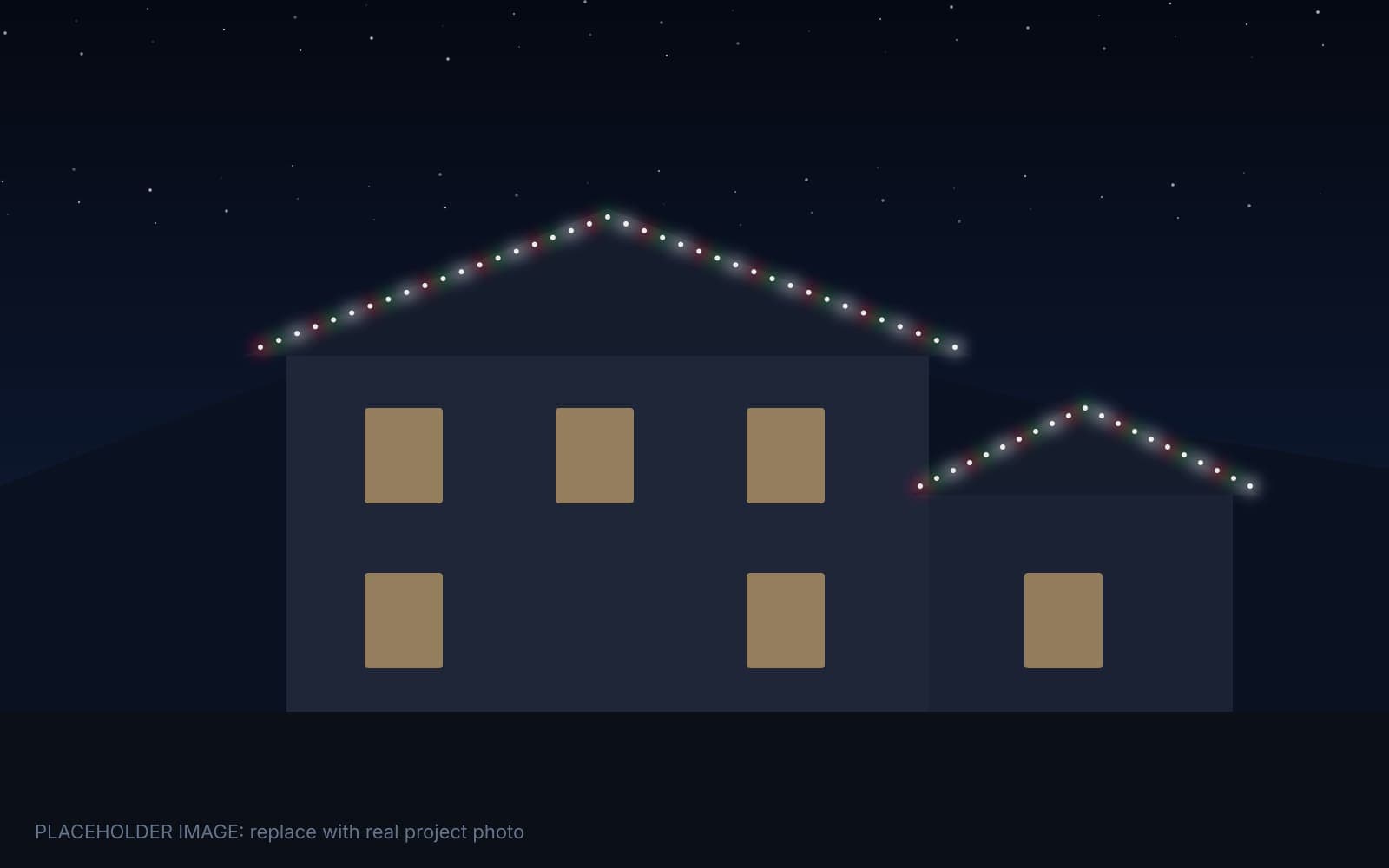 Albuquerque stucco home with permanent Christmas lights glowing in red, green and white along the roofline at night