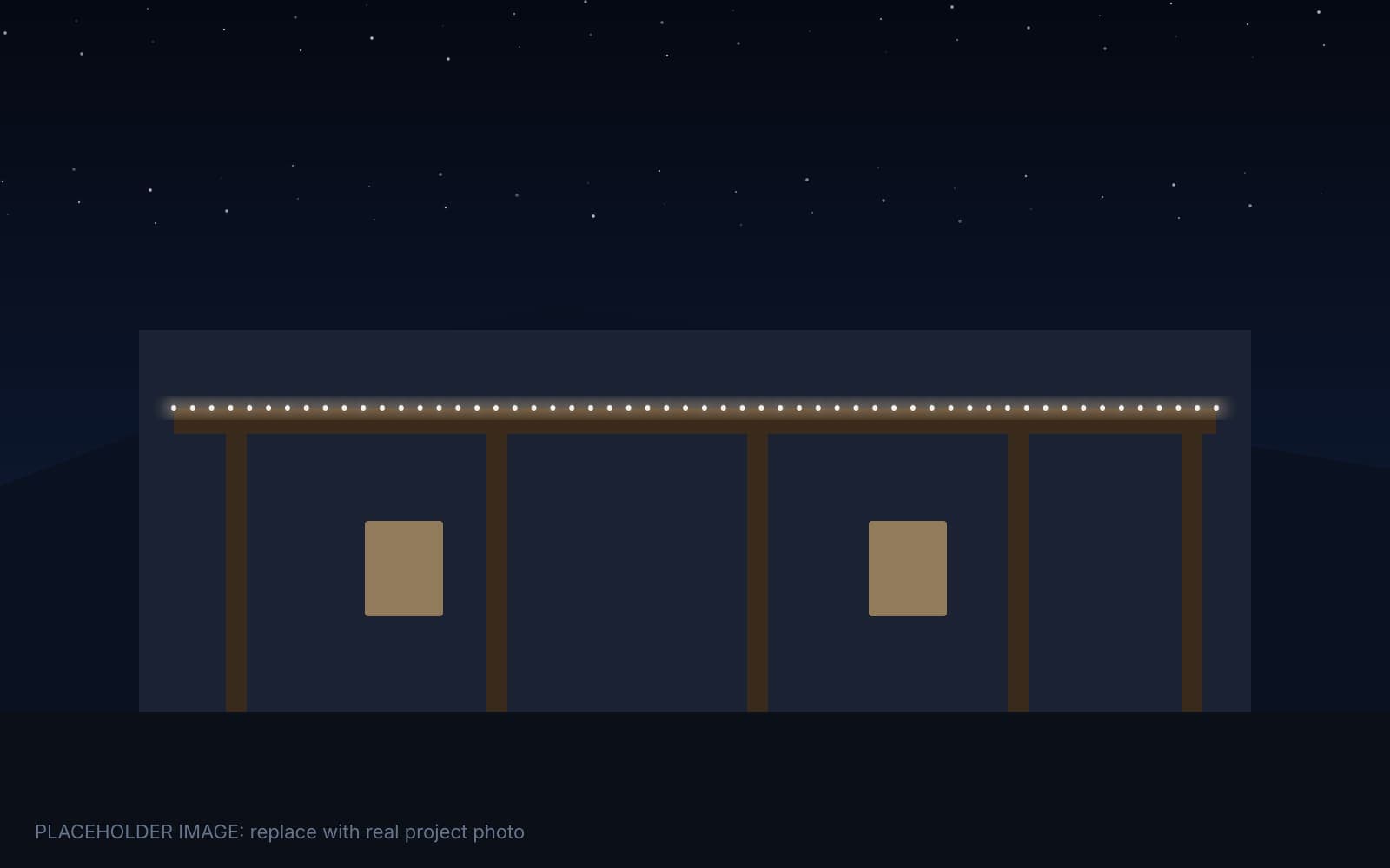 Backyard ramada and pergola in Albuquerque outlined with permanent decorative LED lights